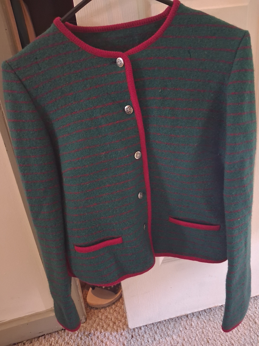 Forest Green & Pink Trim Women's Striped Cardigan Blazer